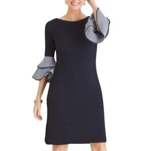 Chicos 20 Womens Gingham Ruffle Sleeve Dress Navy Sheath Knee Length